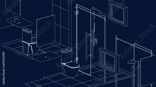 bathroom and toilet design isometric line drawing 3d illustration vector