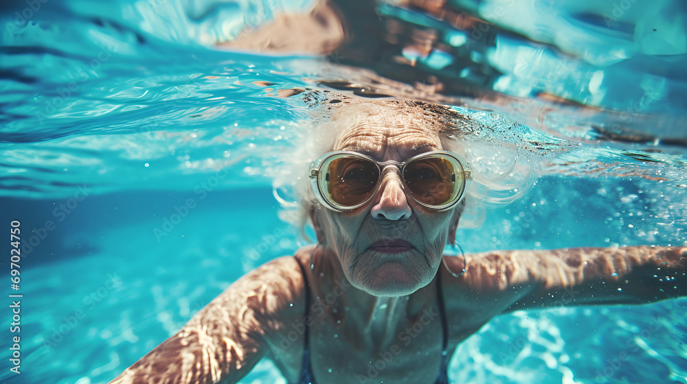 an elderly woman swimming in a swimming pool