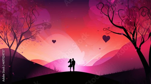 sunset landscape with hearts with a couple in love. vector illustration