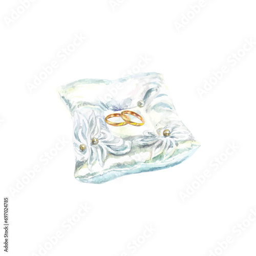 Wedding rings, pillow. Vector illustration of accessory in watercolor style. Wedding invitations, cards, covers, engagement day, posters, flyers.