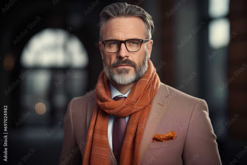 Businessman confident, charismatic, wearing a tweed suit, scarf and glasses Businessman confident, charismatic, wearing a tweed suit, scarf and glasses