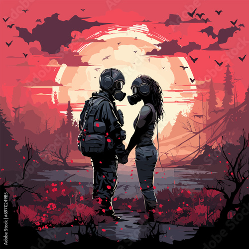 A Couple's Valentine's Amidst Post-Apocalyptic Ruins. vector illustration