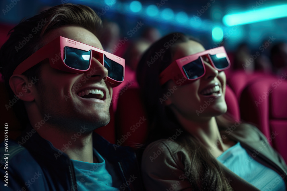 Romantic 3D Movie Night for Smiling Young Couple