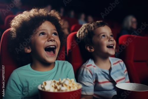 A young boy and girl in sheer delight, watching a movie at the cinema