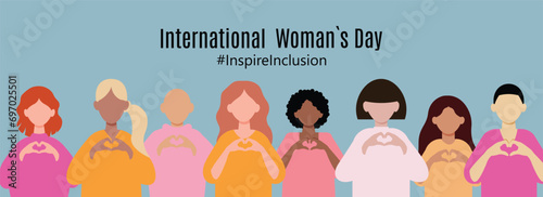 International Women s Day concept holiday. Diverse women with heart-shaped hands stand together. Campaign 2024 inspireinclusion