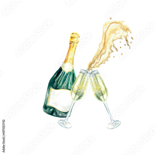 Champagne splashes watercolor. Bottle, glasses of champagne. Greeting cards, wedding invitations, banners, posters, birthday, festivals, new year.