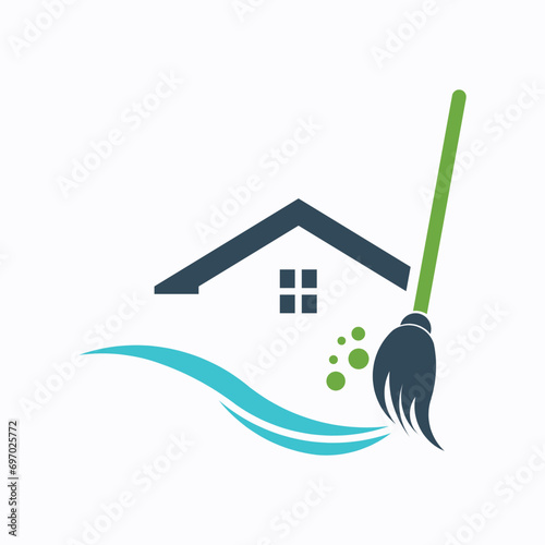 An Icon Clean Home Service Logo - A Broom Sweeping with Freshness Waves and Bubbles, Representing House Cleaning and Hygiene