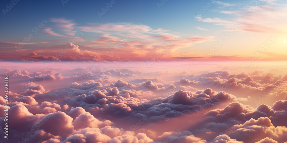 Beautiful aerial view above clouds at sunset. Flying above clouds with sunlight. - obrazy, fototapety, plakaty 