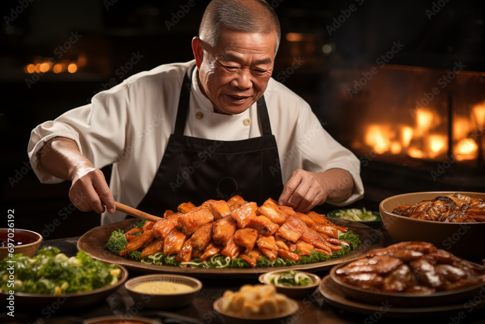 asian chef preparing roast duck