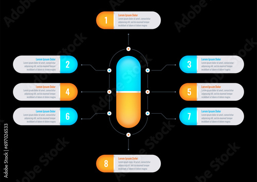 blue-orange capsule, drug infographic template. health, education, annual report, internet, business, magazine infographic template. eight step informational template