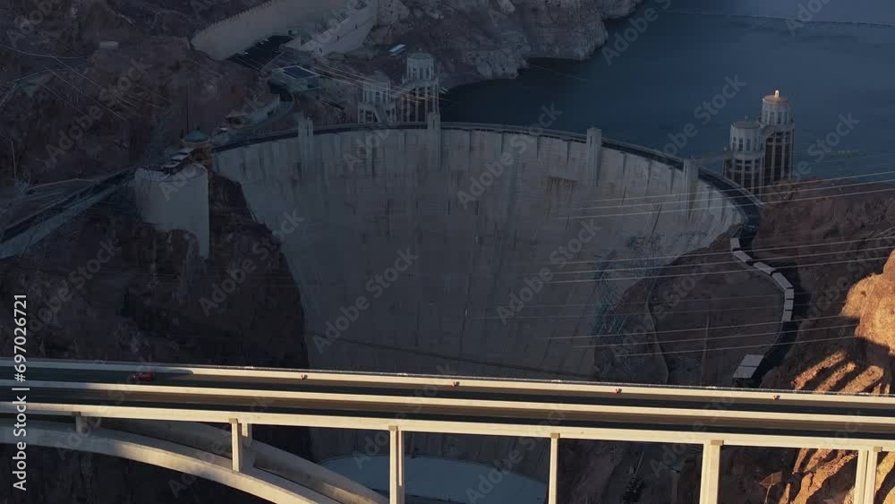 Hoover Dam on the Colorado River straddling Nevada and Arizona at dawn ...