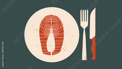 Salmon on a plate with cutlery. Seafood background. Food hand draw illustration.