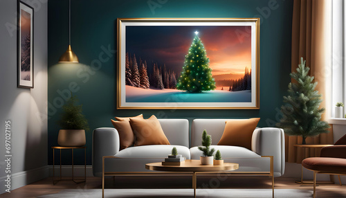 Living room interior mockup with photo frame for poster on the wall of the house. Modern interior design with finishing. 3D rendering, © Perecciv