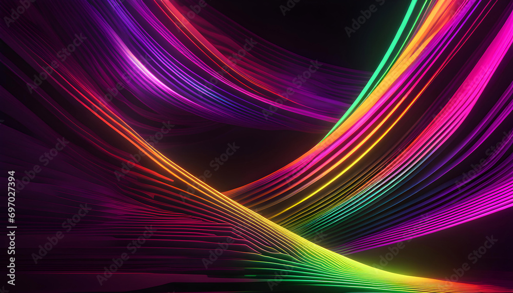 Fototapeta premium abstract diverging neon lines isolated on black background. Digital techno wallpaper for design, 3D rendering,