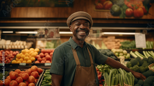 A smiling middle-aged African-American man sells vegetables and fruits in his store