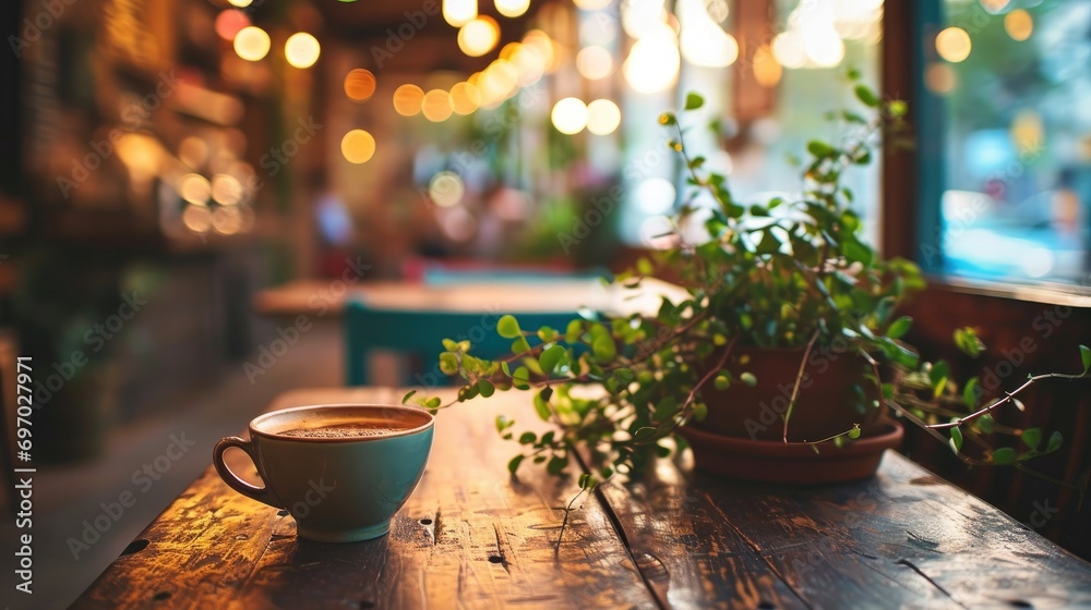 An Aesthetic Studio Coffee Shop Interior Featuring a Coffee Cup and Plant An Aesthetic Studio Coffee Shop Interior Featuring a Coffee Cup and Plant