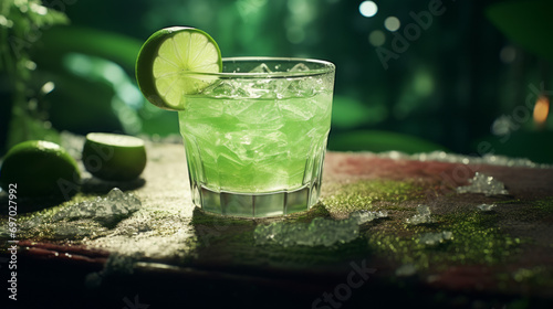a glass of mojito with ice and a slice of lime stands on a dark wooden table