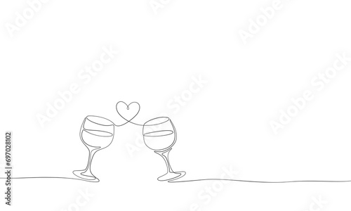 Glasses of wine with heart in continuous line drawing style isolated on white background. Vector minimalist drink art sketch. Cheers toast contour,  love decoration for romantic Valentine's Day design