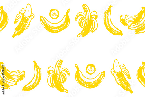 Wabi sabi paper tape bananas, watercolor paper tape with banana vector seamless pattern frame. Tropical border. Naive hand-drawn crayons fruit backdrop. Bananas ornament.