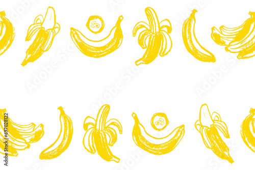 Wabi sabi paper tape bananas, watercolor paper tape with banana vector seamless pattern frame. Tropical border. Naive hand-drawn crayons fruit backdrop. Bananas ornament.