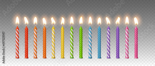 Candles with burning fire flame for birthday cake, cupcake isolated on transparent background. Vector 3d realistic color candlelight elements set