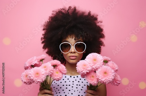 a girl with afro hair is holding flowers while watching a pink background