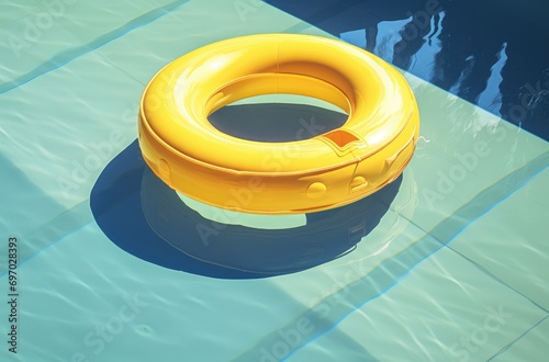 a large yellow pool ring is floating in the pool