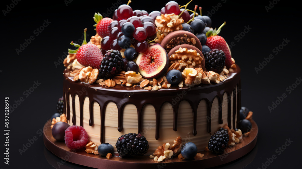 a whole beautiful cake with hazelnuts and fruits a whole beautiful cake with hazelnuts and fruits