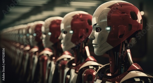 a large line of robotic robots sitting in a computerbased location photo