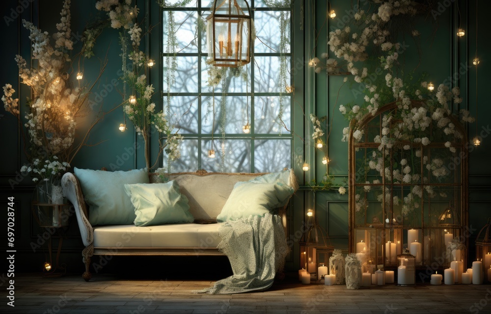 an empty house is decorated with fairy lights