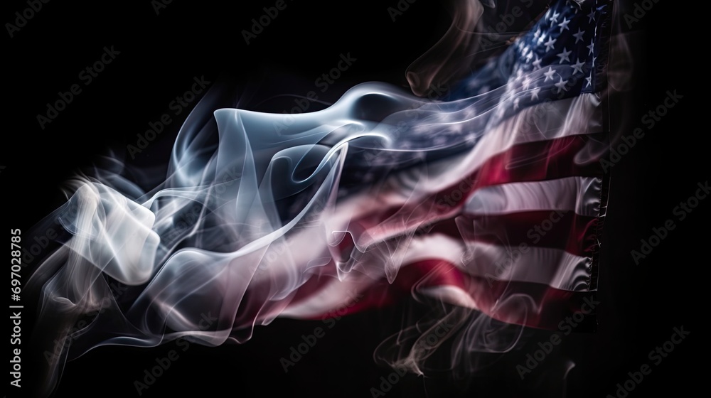An American flag with smoke on a black background