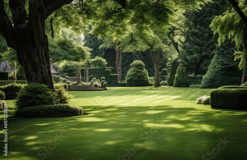a lawn with a garden area full of hedges and trees