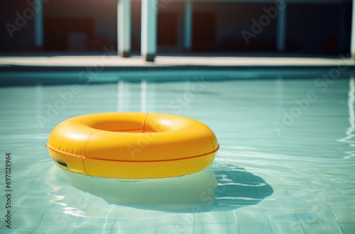 a large yellow pool ring is floating in the pool