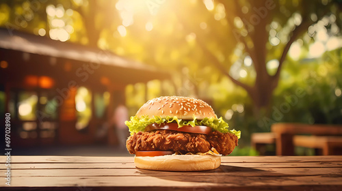 A chicken sandwich on a bun on a table outside with a tree in the background in the background is a wooden table