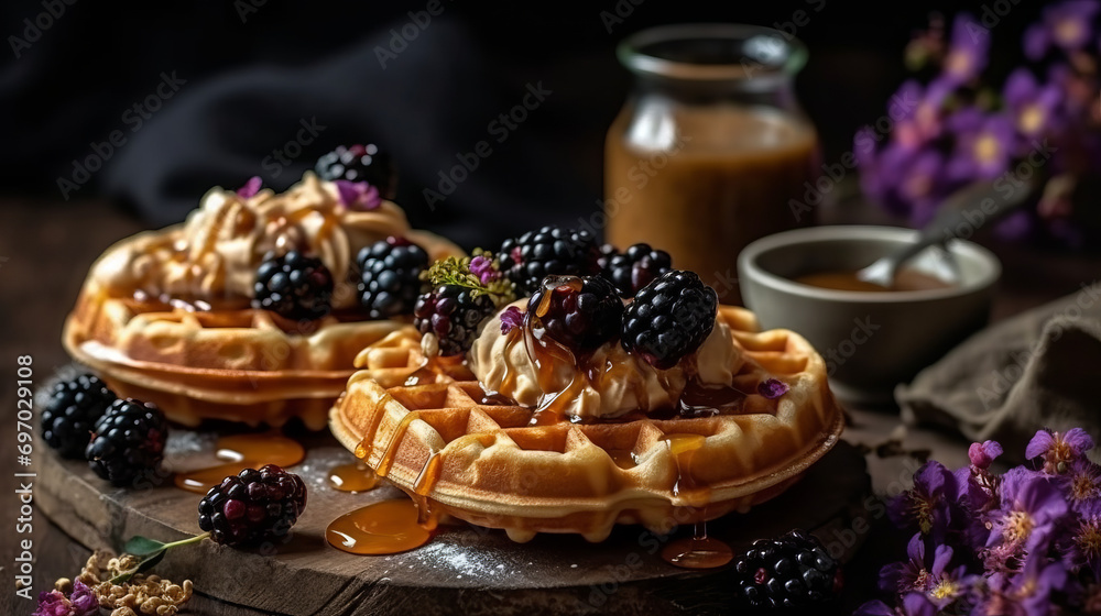 Homemade Belgian waffles with organic blackberry in close-up. A delicious and healthy dessert.