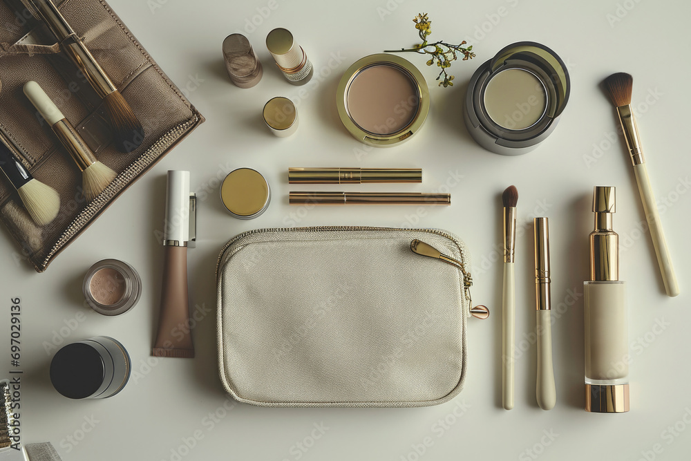 A minimalist image of a makeup pouch with carefully arranged products A minimalist image of a makeup pouch with carefully arranged products