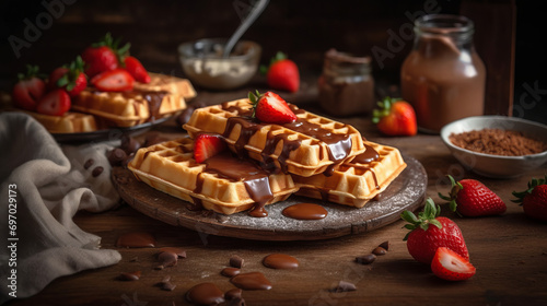 Homemade Belgian waffles with organic strawberry poured with chocolate in close-up. A delicious and healthy dessert.
