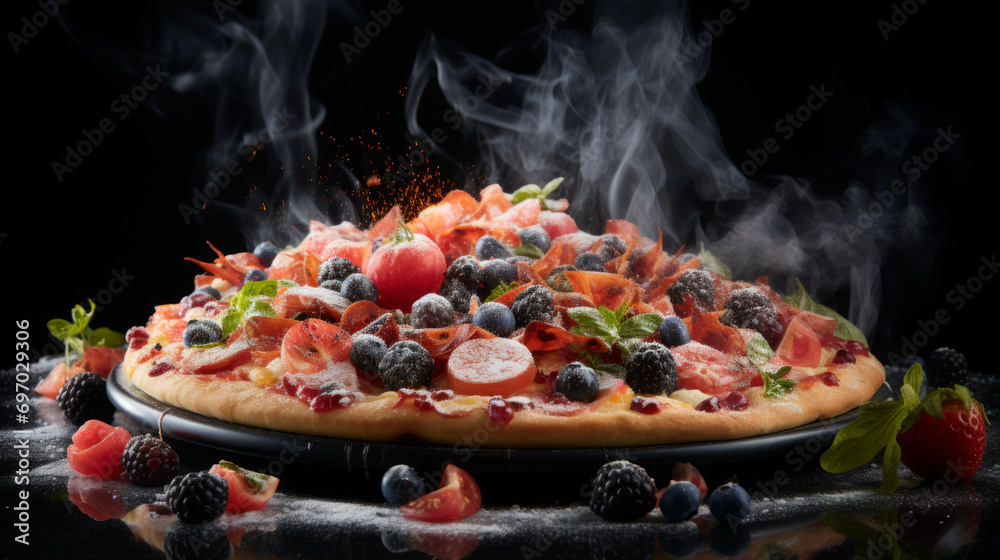 Photo of a pizza with fruit surrounded by smoke on a black background