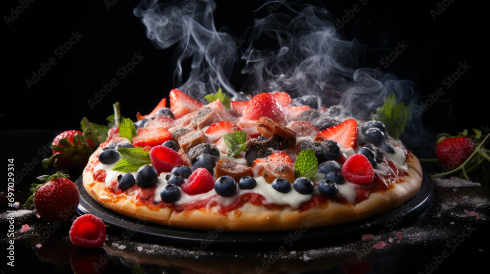 Photo of pizza with fruits, strawberries, blueberries, pineapple slices, surrounded by smoke, on a black background 