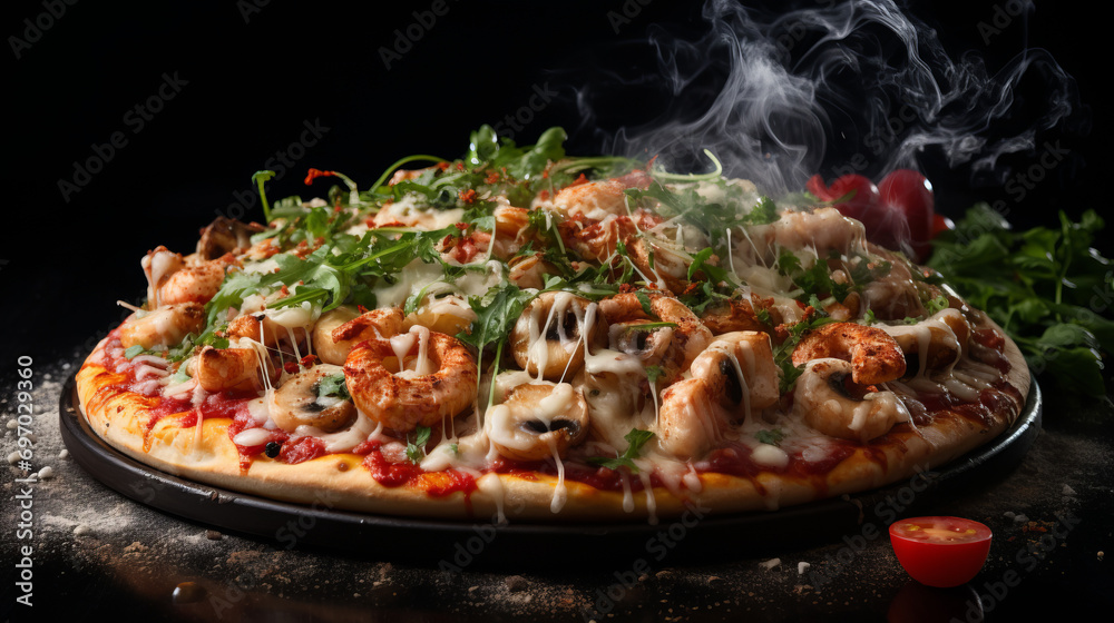 Photo of seafood pizza surrounded by smoke on a black background 