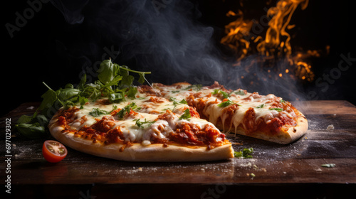 Photo of a cheese pizza surrounded by smoke on a black background 