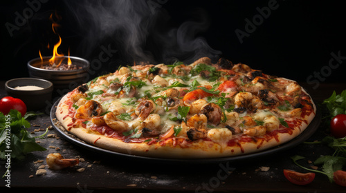 Photo of seafood pizza surrounded by smoke on a black background 