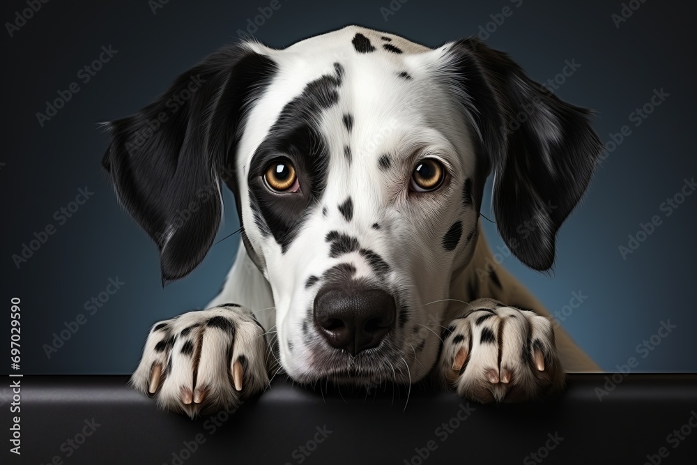 Studio portrait of a young Dalmatian with bright eyes and spotted fur against a dark gray background. Concept: advertising for dog food, veterinary clinics and articles about dog breeds