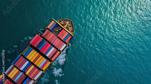 Top view of a cargo ship sailing in the water, loaded with containers, concept of international shipping and transportation