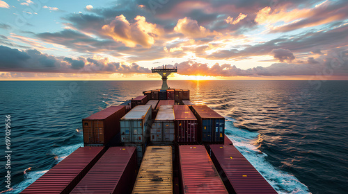 Top view of a cargo ship sailing in the water, loaded with containers, concept of international shipping and transportation