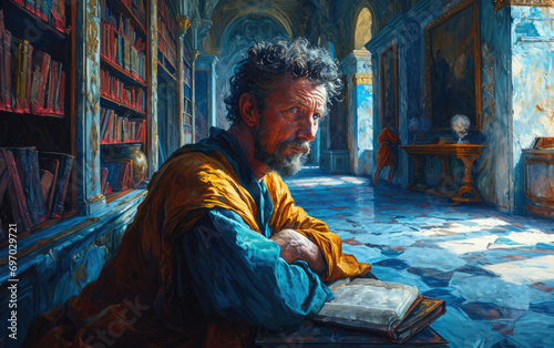 Marcus Aurelius in Ancient Library Gen AI