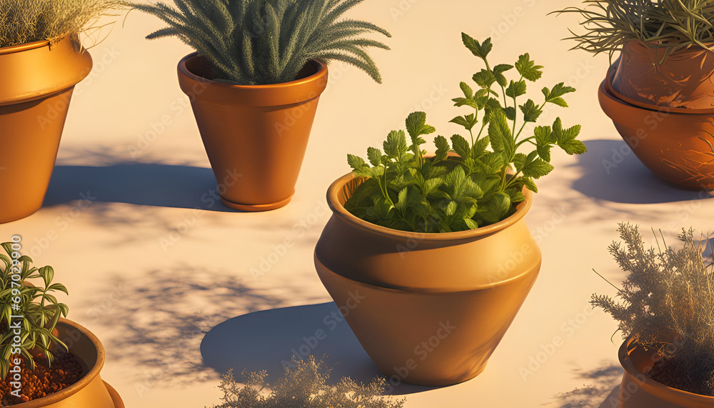 mediterrane Kräuter der Küche in Terrakotta Töpfen wie Blumen und