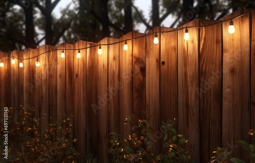 an old wooden fence with string lights in the background