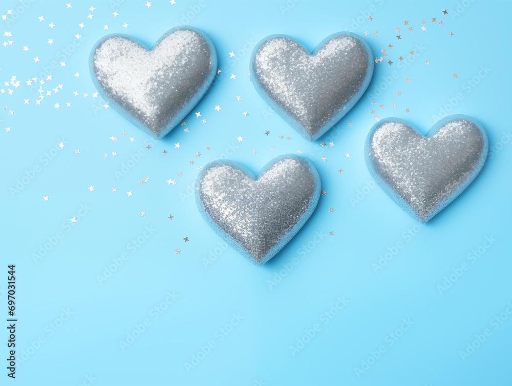 Cute Sparkly silver Glitter hearts on blue background.