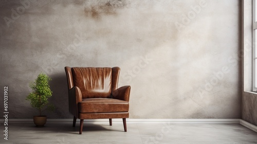 Luxury vintage brown leather Armchair against beige blank Wall Interior space in a large empty room with shadows, copy space, vertical backgrounds. photo
